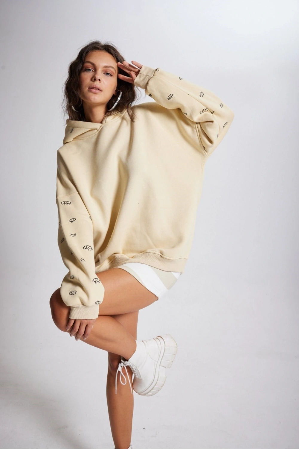 Oversize Kapüşonlu Unisex Eye Sweat Bej