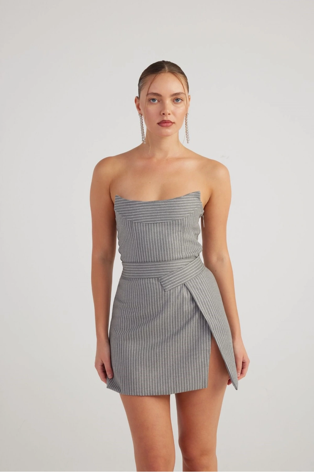 Simli Çizgili Crop Eden Büstiyer Gri