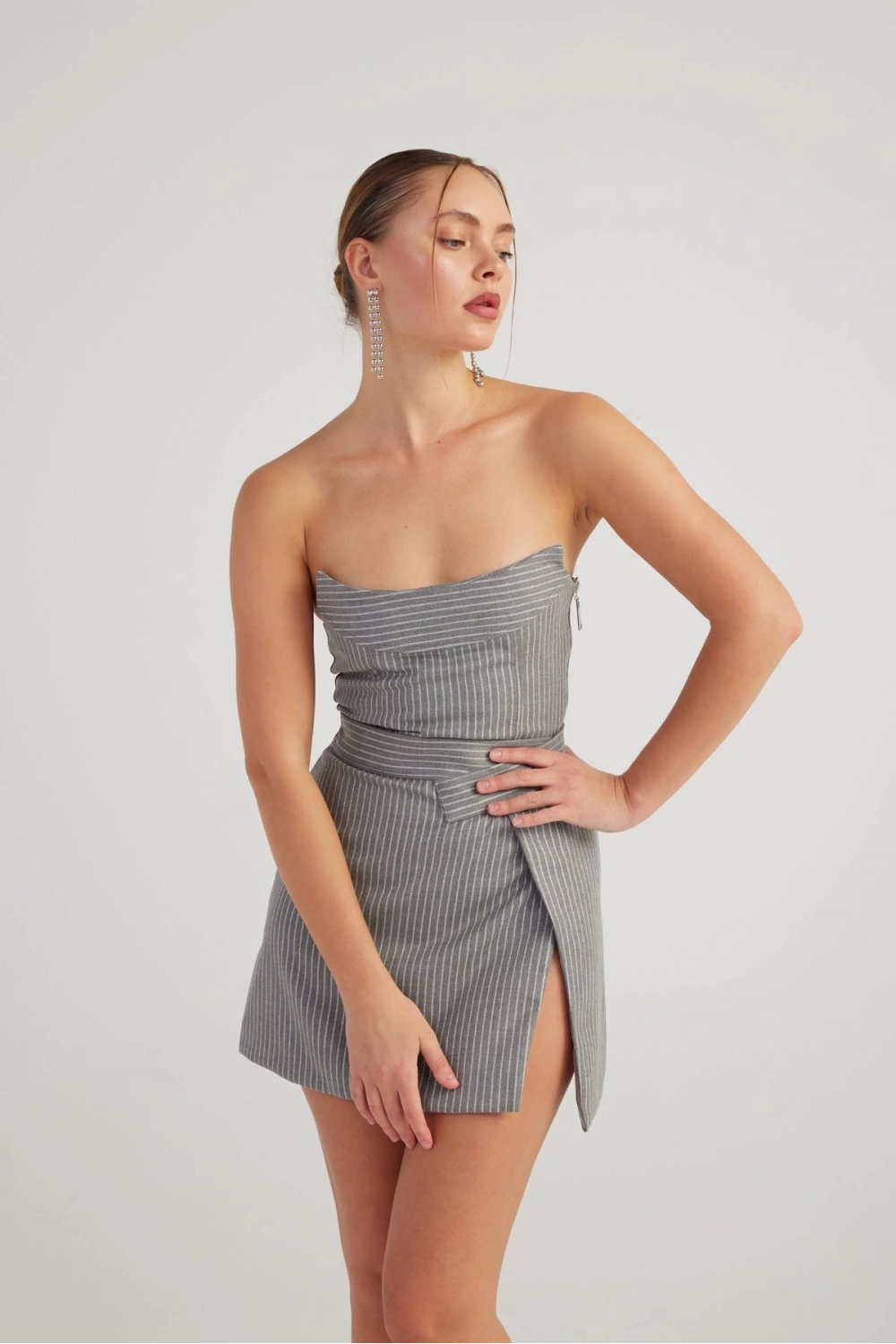 Simli Çizgili Crop Eden Büstiyer Gri