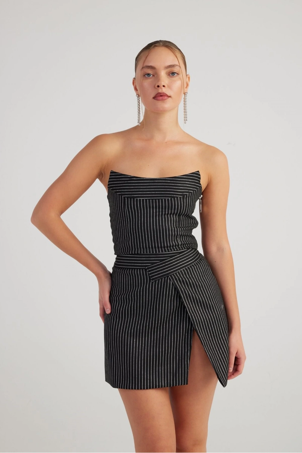 Simli Çizgili Crop Eden Büstiyer Siyah