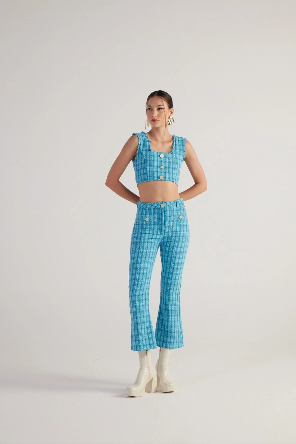 Tüvit Kumaş Crop Tweed Büstiyer Mavi