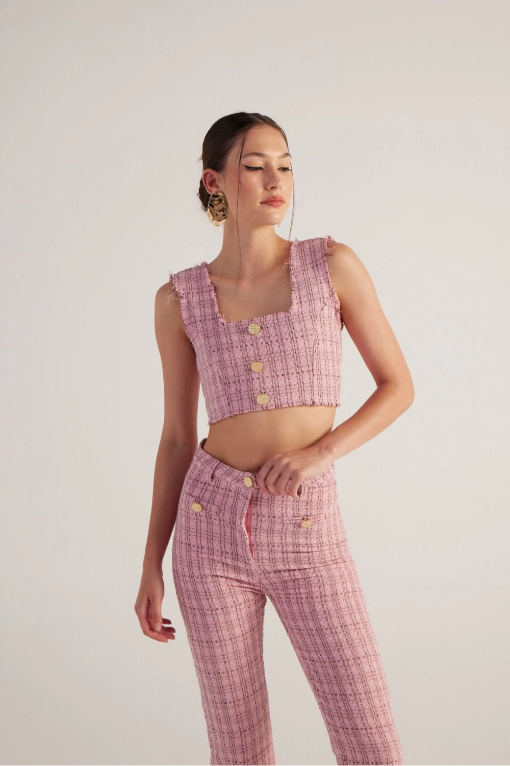 Tüvit Kumaş Crop Tweed Büstiyer Pembe