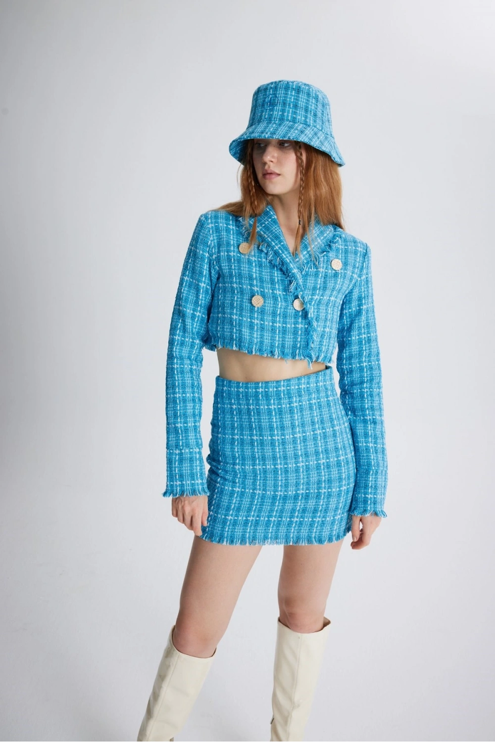Tüvit Kumaş Mini Tweed Etek Mavi