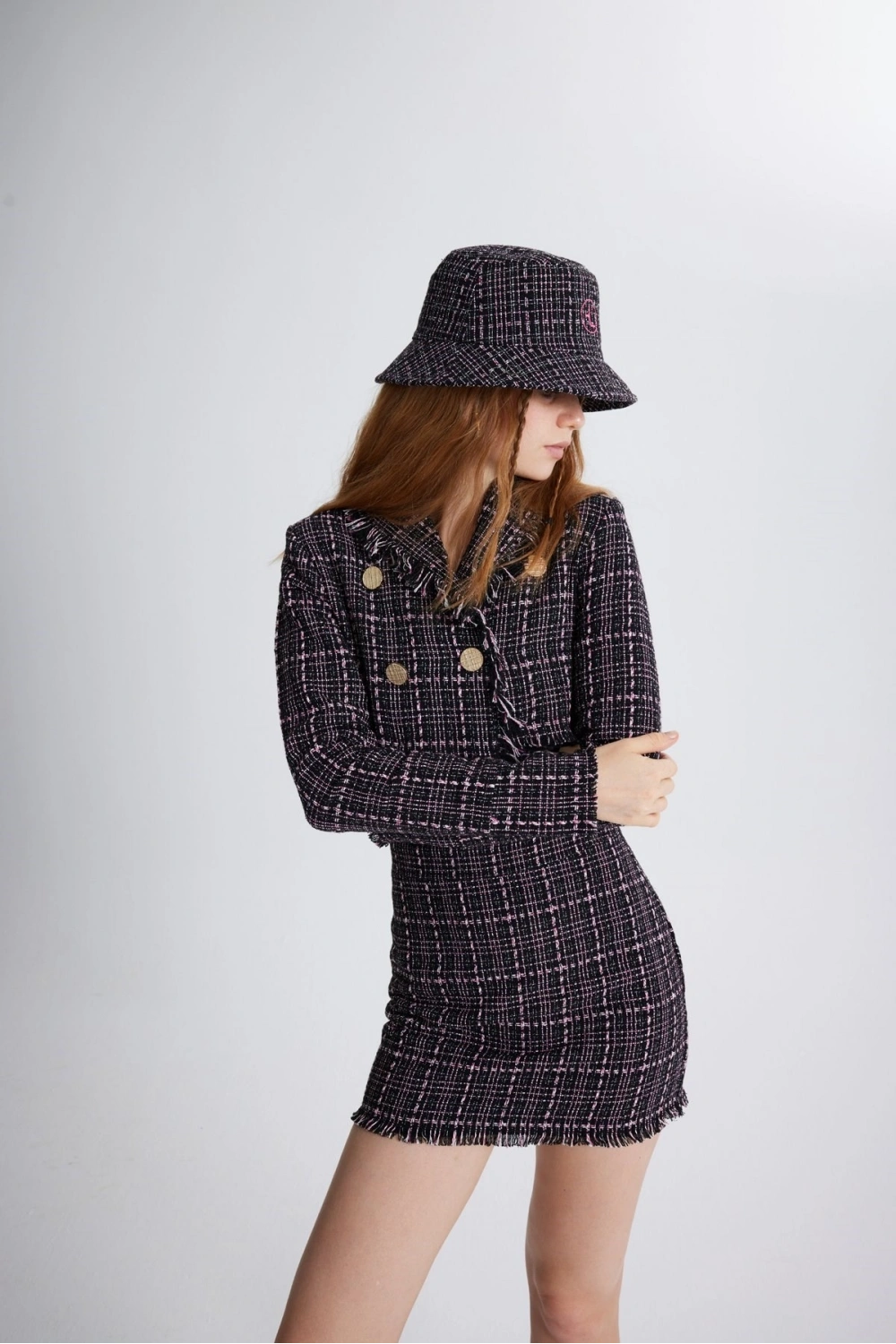Tüvit Kumaş Mini Tweed Etek Siyah