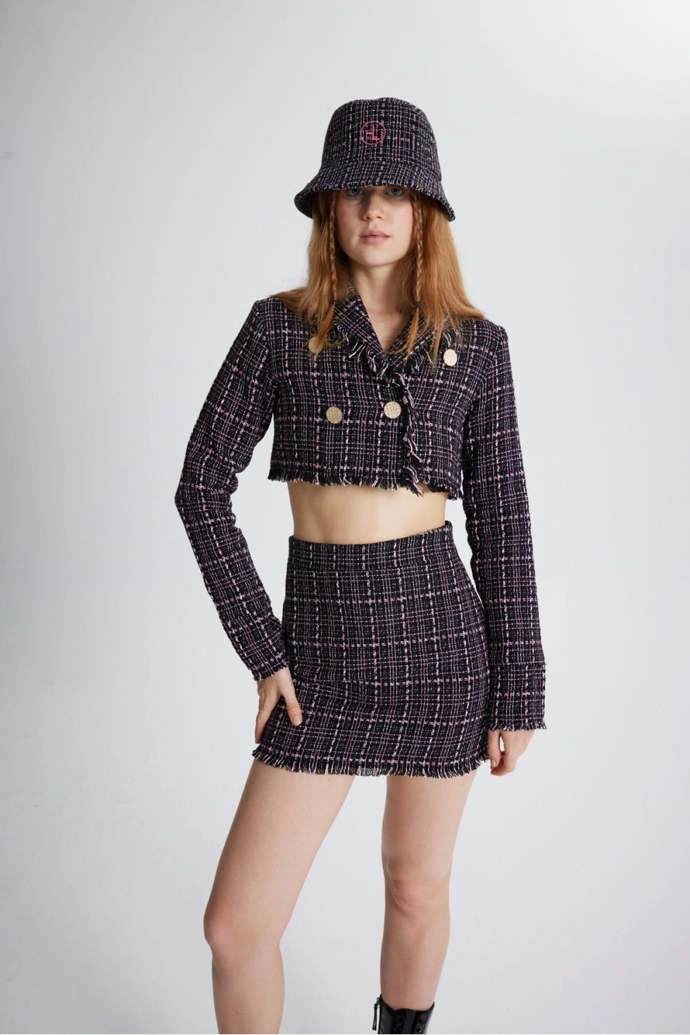 Tüvit Kumaş Mini Tweed Etek Siyah