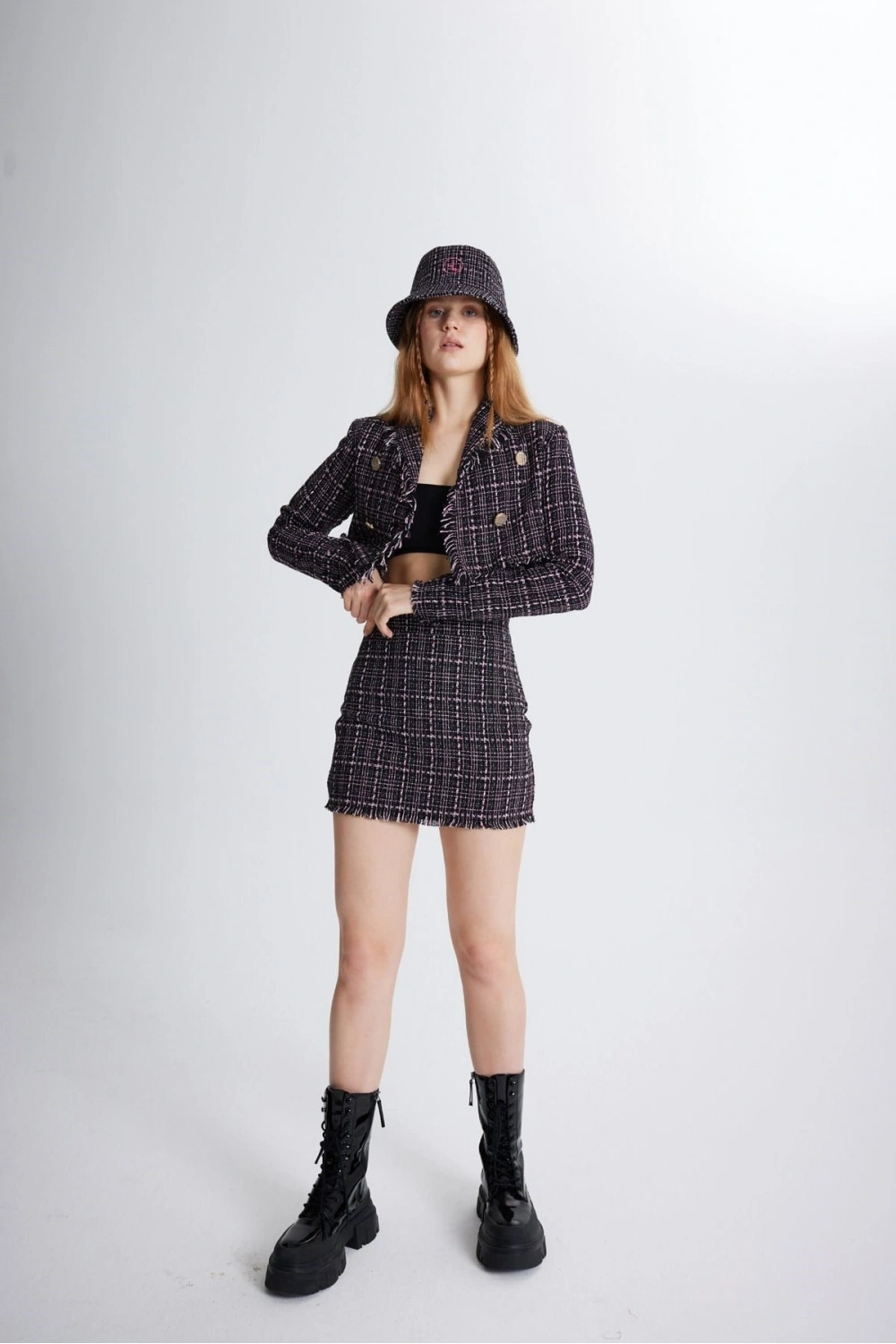 Tüvit Kumaş Mini Tweed Etek Siyah