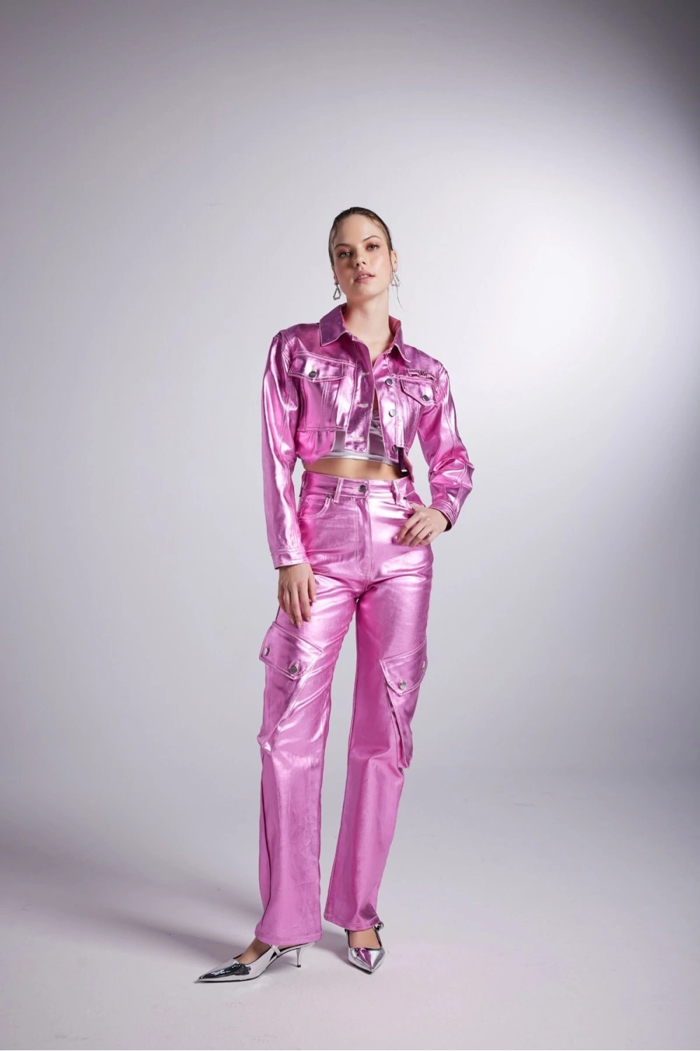 Varak Kaplama Crop Millen Ceket Pembe