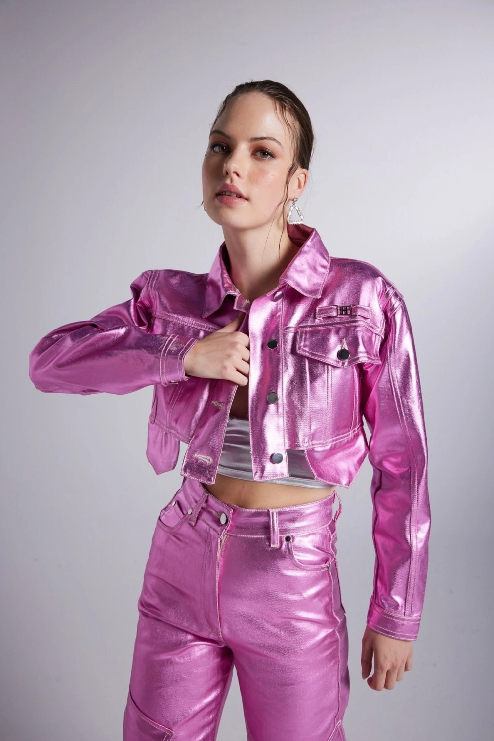Varak Kaplama Crop Millen Ceket Pembe