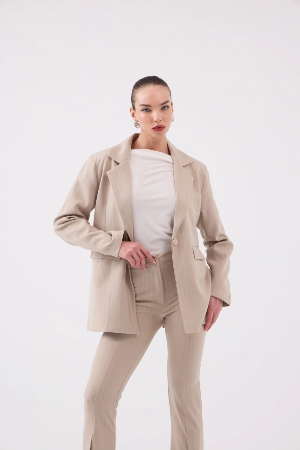 Vatkalı Astarlı Blazer Striped Blazer Ceket Bej