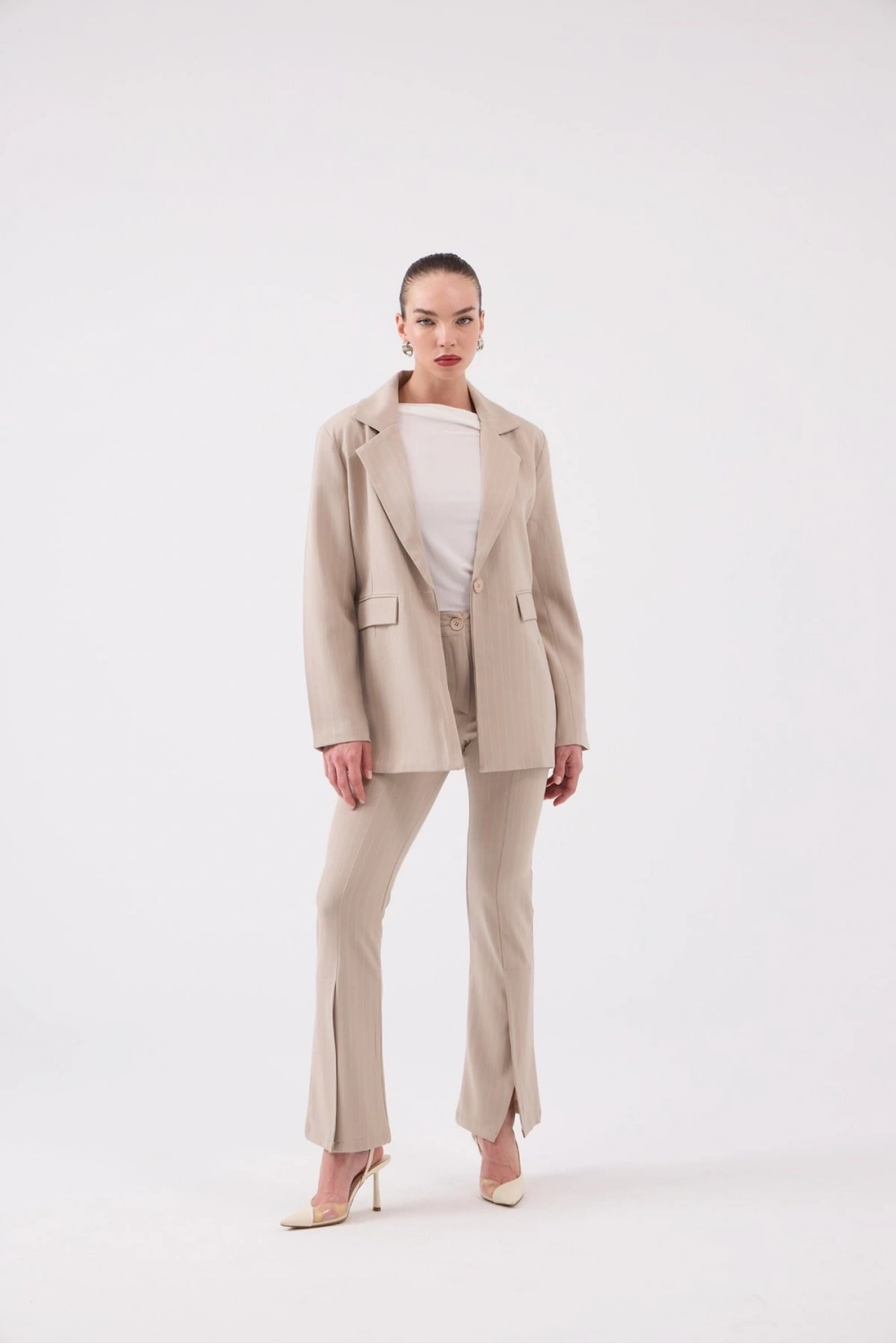 Vatkalı Astarlı Blazer Striped Blazer Ceket Bej