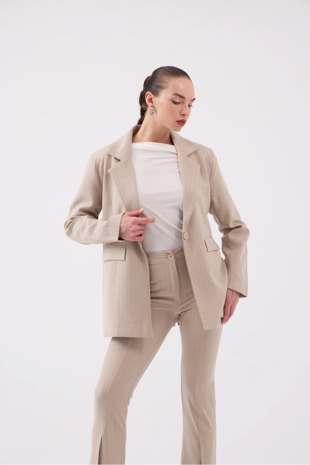 Vatkalı Astarlı Blazer Striped Blazer Ceket Bej
