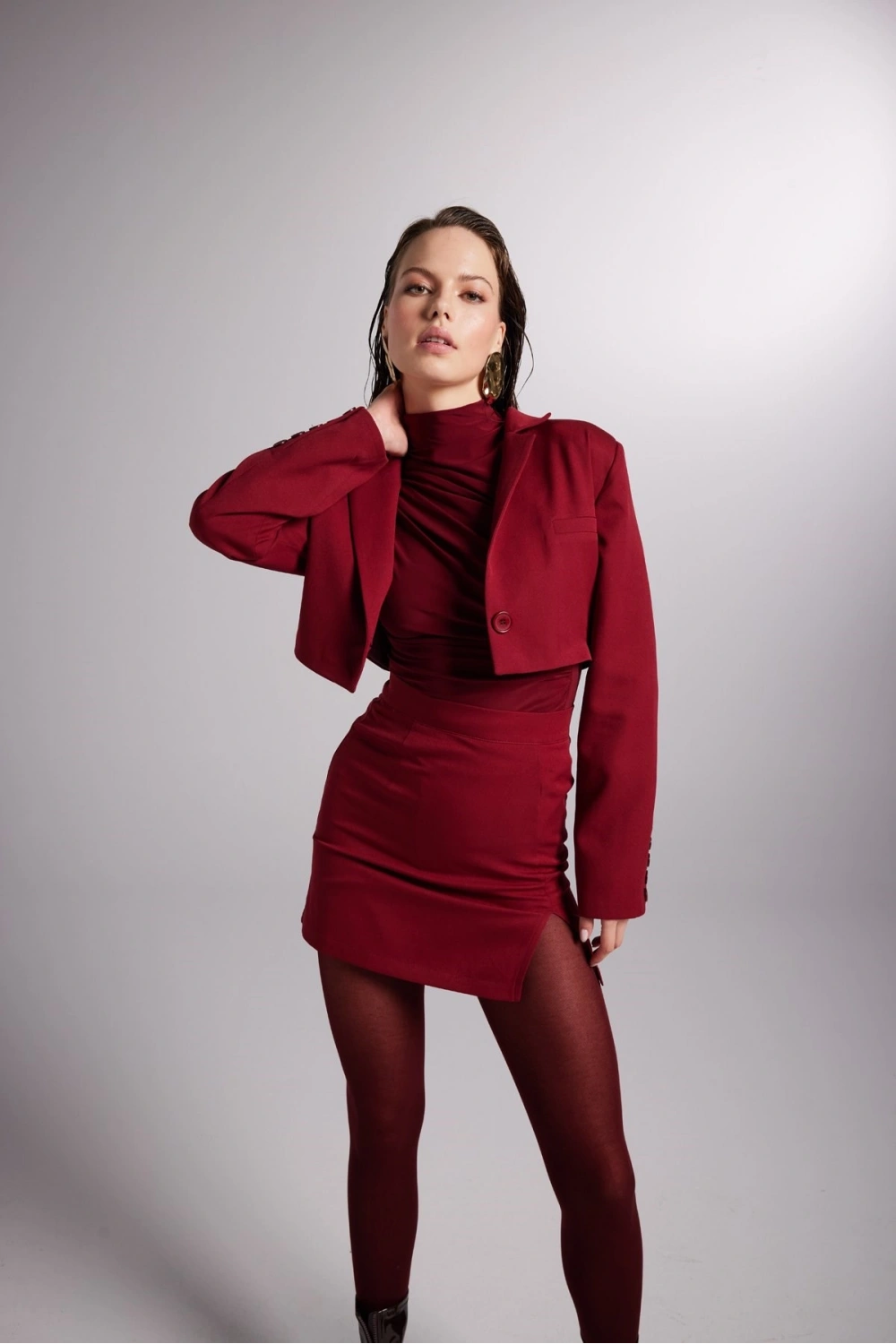 Yırtmaçlı Mini Panky Etek Bordo