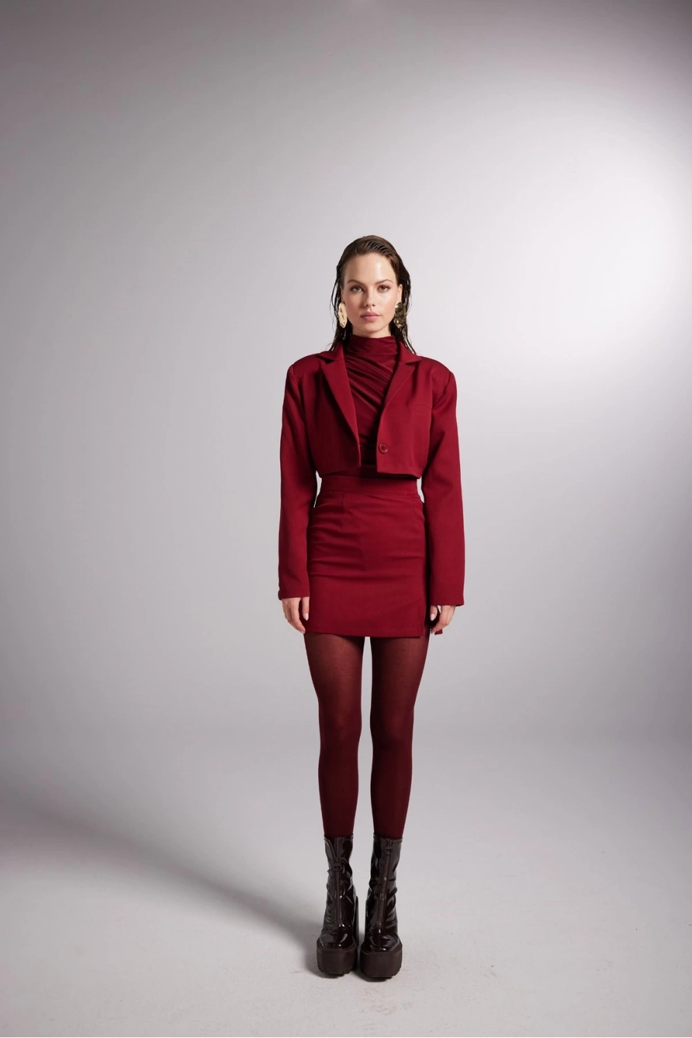 Yırtmaçlı Mini Panky Etek Bordo