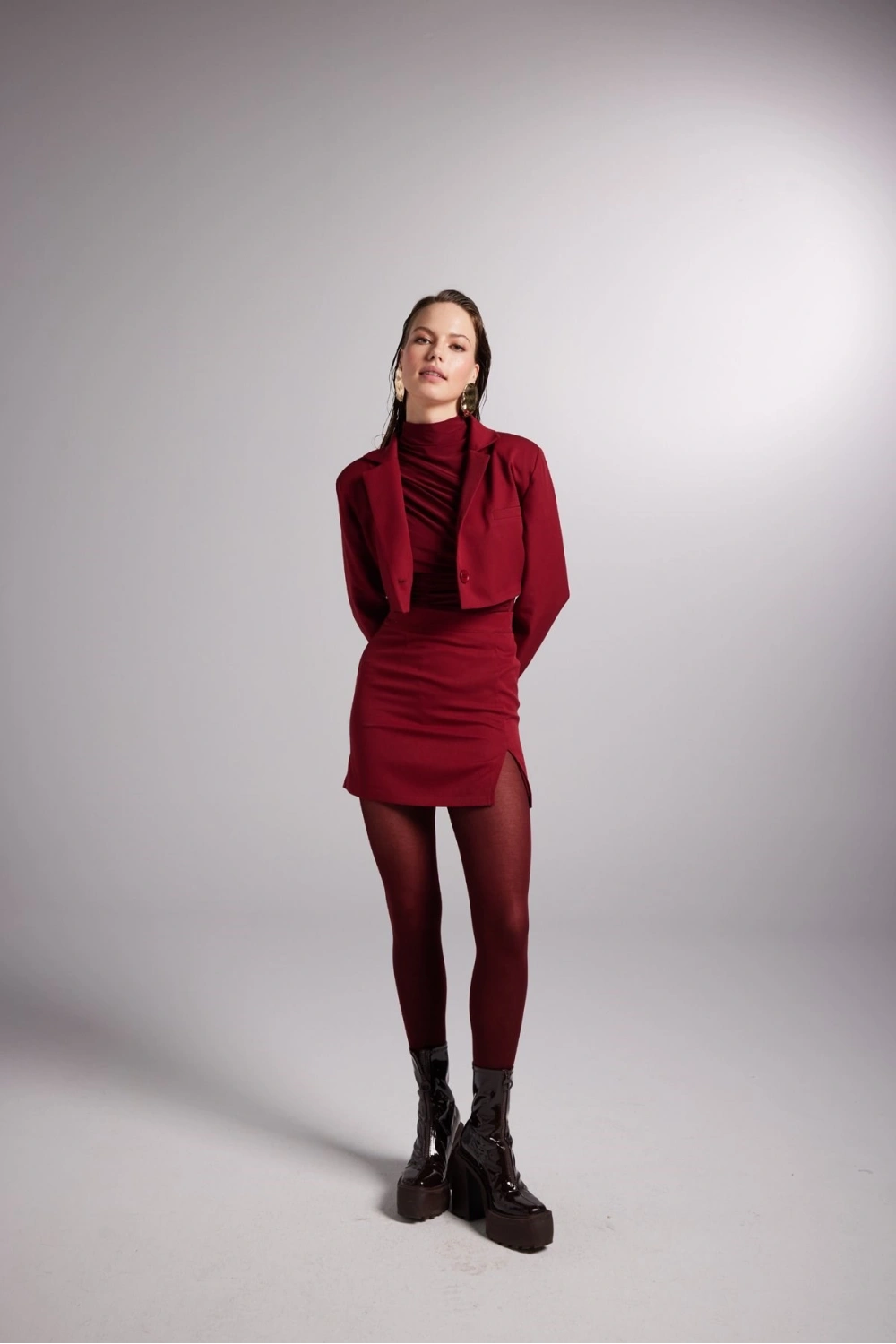 Yırtmaçlı Mini Panky Etek Bordo
