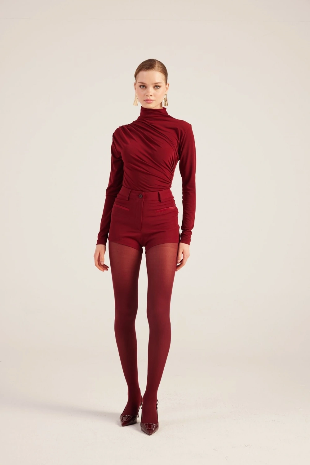 Yüksek Bel Fermuarlı Mini Bailey Şort Bordo