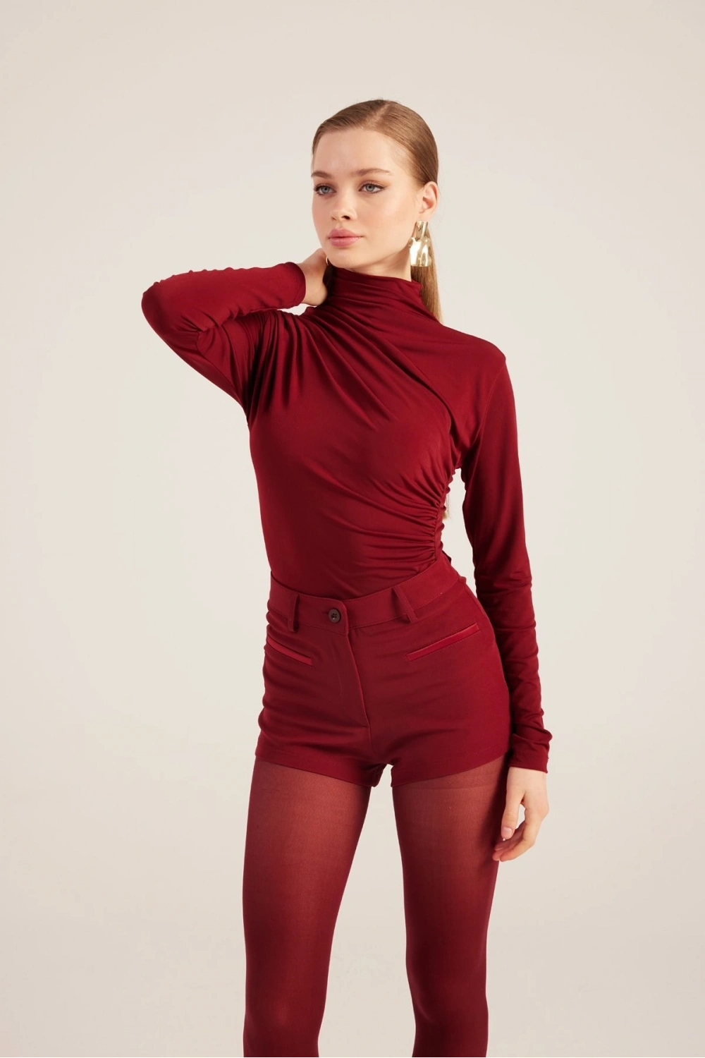 Yüksek Bel Fermuarlı Mini Bailey Şort Bordo