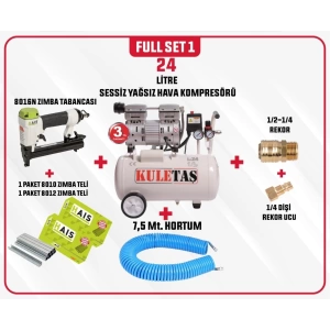 Full SET 1 Kuletaş Süper Sessiz Yağsız Hava Kompresörü 24 Litre 1 HP 3 Yıl GARANTİ