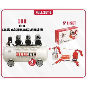 Full Set 6 Kuletaş Süper Sessiz Yağsız Kompresör 100 Litre +5 Li Havalı Alet Seti