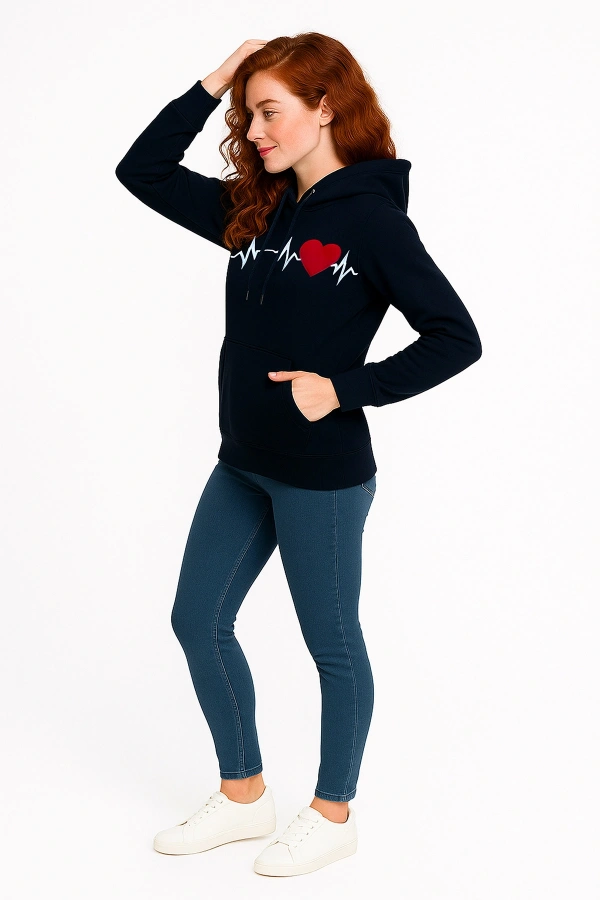 3 İp Kalp Çizgili Sweatshirt Erkek/Kadın Günlük Oversize Model