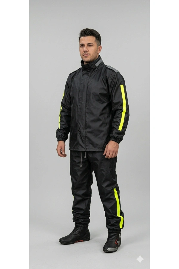 PVC Su Geçirmez Reflektif Yağmurluk Motorcu/Kurye Alt Üst Takım Siyah Outdoor İş Kıyafeti