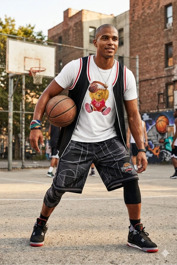 Unisex Basketbolcu Cool Ayıcık Baskılı Tişört Pamuk Penye Süprem Basic