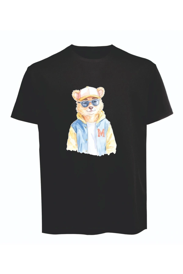 Unisex Kot Ceketli Cool Ayıcık Baskılı Tişört Pamuk Penye Süprem Basic