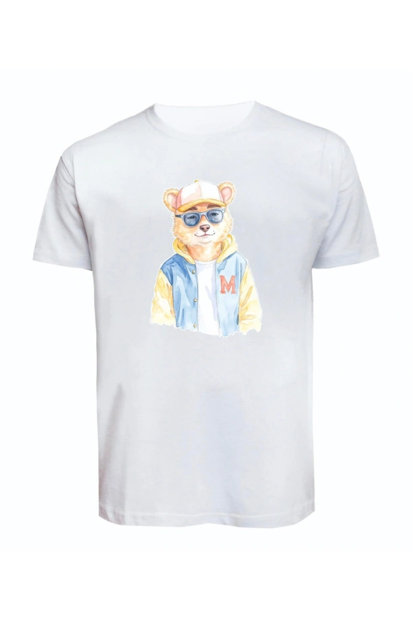 Unisex Kot Ceketli Cool Ayıcık Baskılı Tişört Pamuk Penye Süprem Basic