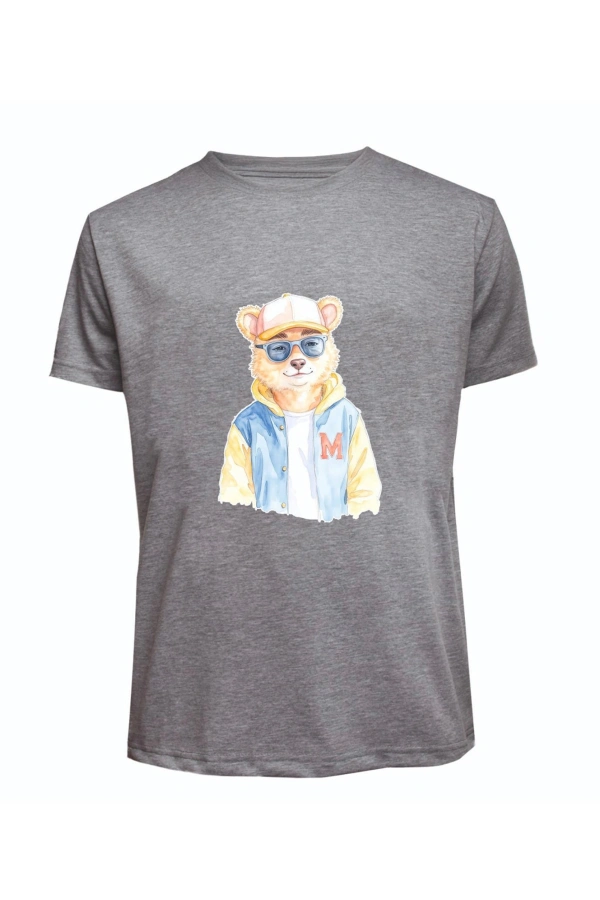 Unisex Kot Ceketli Cool Ayıcık Baskılı Tişört Pamuk Penye Süprem Basic