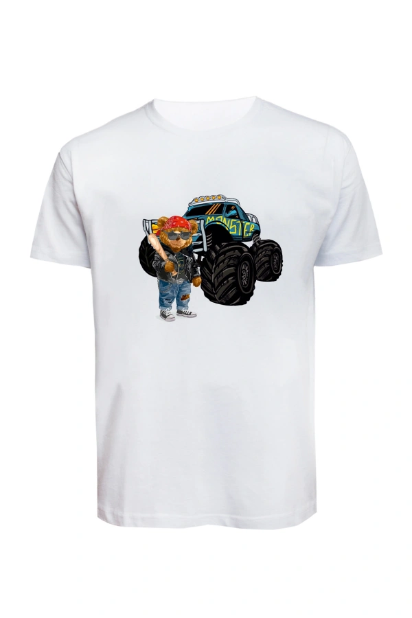 Unisex Canavar Araç (Monster Truck ) ve Ayı Baskılı Tişört Pamuk Penye Süprem Basic