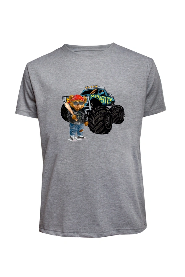 Unisex Canavar Araç (Monster Truck ) ve Ayı Baskılı Tişört Pamuk Penye Süprem Basic