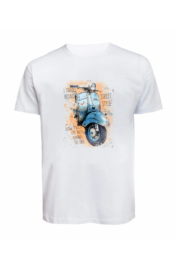 Unisex Mavi Vespa Baskılı Tişört Pamuk Penye Süprem Basic