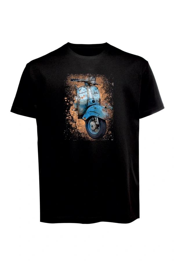 Unisex Mavi Vespa Baskılı Tişört Pamuk Penye Süprem Basic