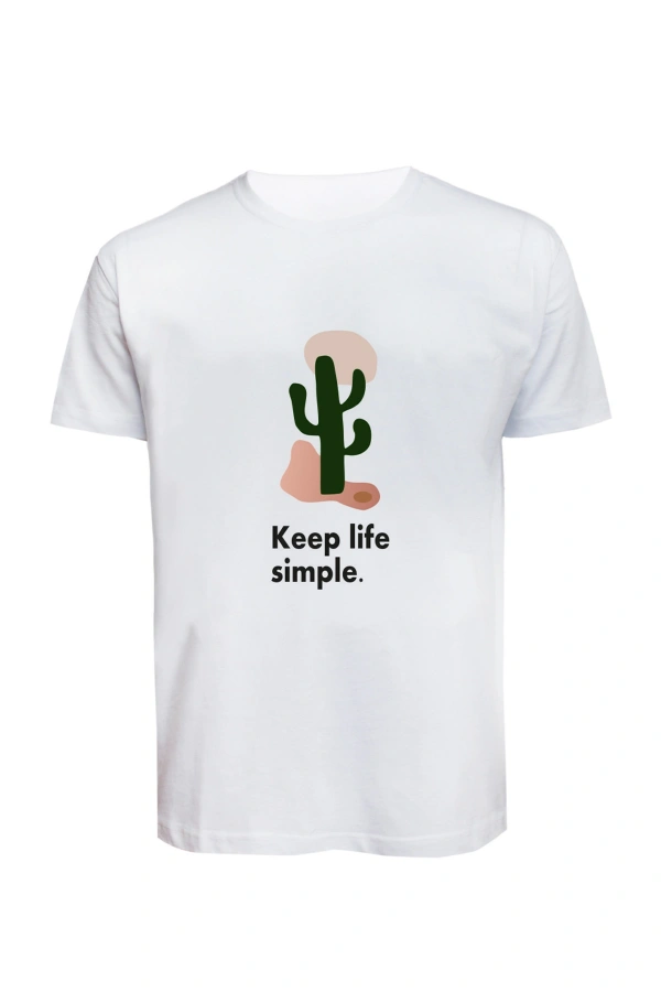 Unisex Keep Life Simple Kaktüs Baskılı Tişört Pamuk Penye Süprem Basic