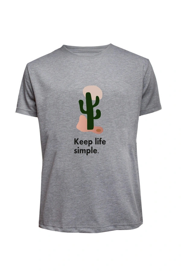 Unisex Keep Life Simple Kaktüs Baskılı Tişört Pamuk Penye Süprem Basic