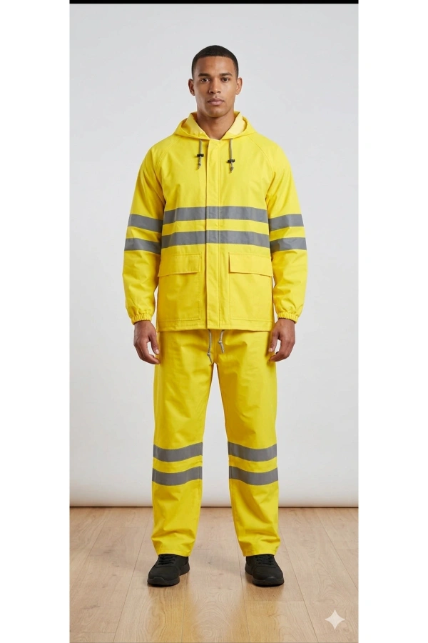 PVC Reflektif Yağmurluk Alt Üst Takım Kapüşonlu Su Geçirmeye Dirençli Outdoor İş Kıyafeti