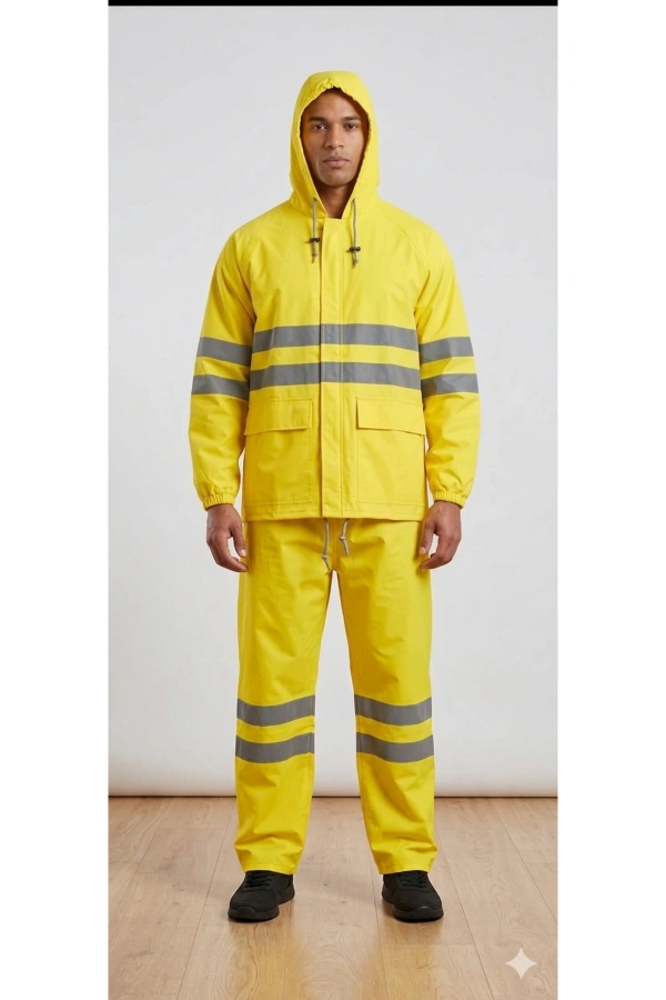 PVC Reflektif Yağmurluk Alt Üst Takım Kapüşonlu Su Geçirmeye Dirençli Outdoor İş Kıyafeti