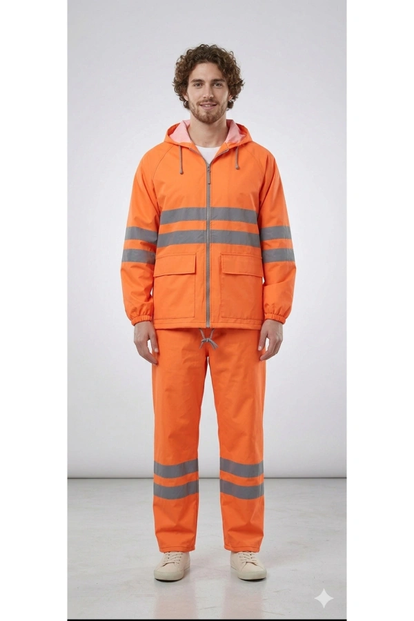 PVC Reflektif Yağmurluk Alt Üst Takım Kapüşonlu Su Geçirmeye Dirençli Outdoor İş Kıyafeti