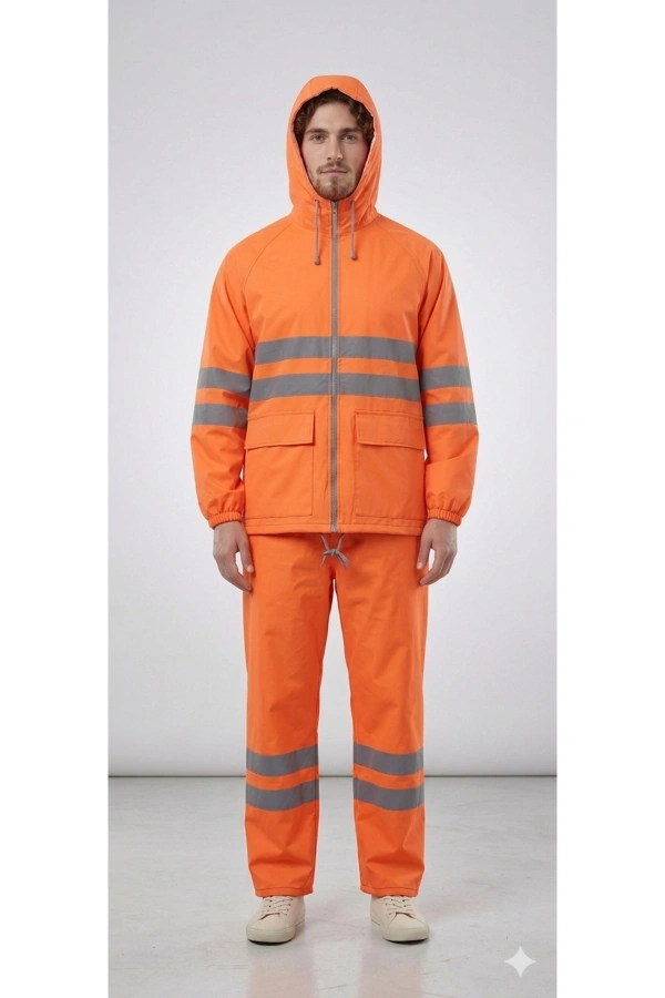 PVC Reflektif Yağmurluk Alt Üst Takım Kapüşonlu Su Geçirmeye Dirençli Outdoor İş Kıyafeti