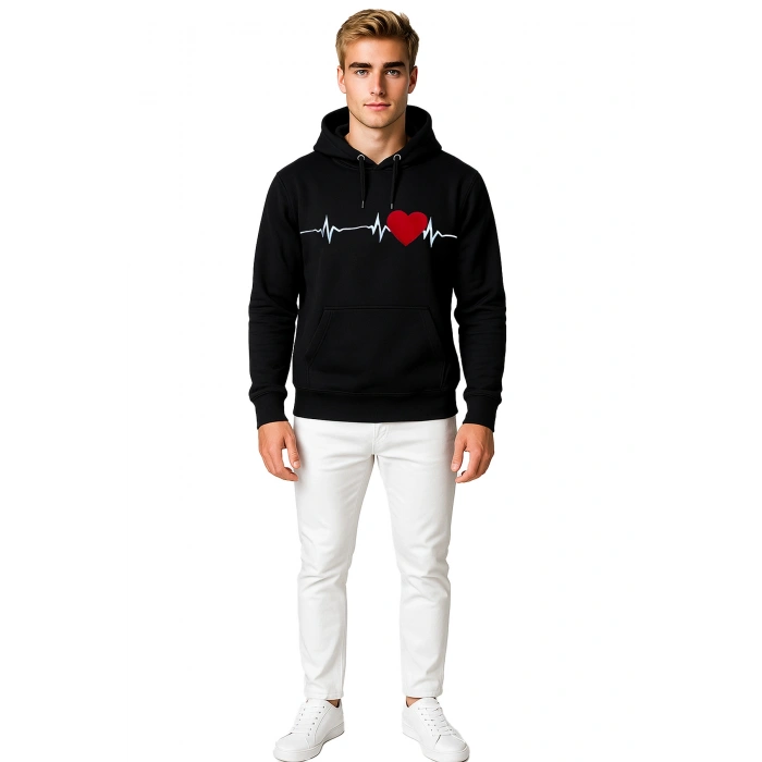 3 İp Kalp Çizgili Sweatshirt Erkek/Kadın Günlük Oversize Model