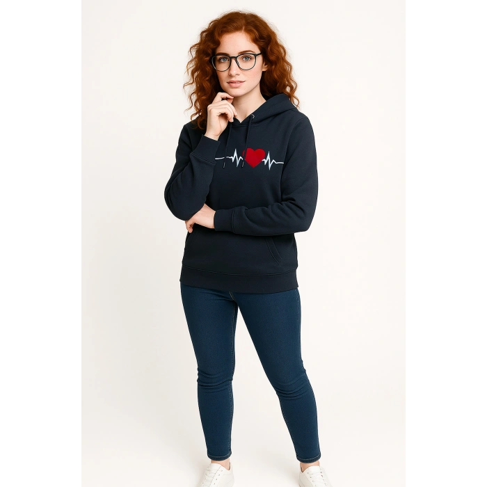 3 İp Kalp Çizgili Sweatshirt Erkek/Kadın Günlük Oversize Model