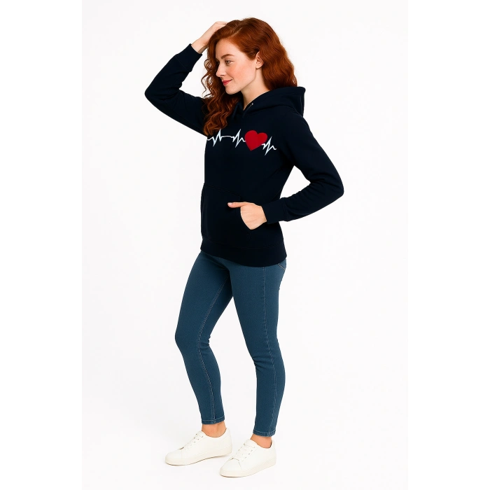 3 İp Kalp Çizgili Sweatshirt Erkek/Kadın Günlük Oversize Model