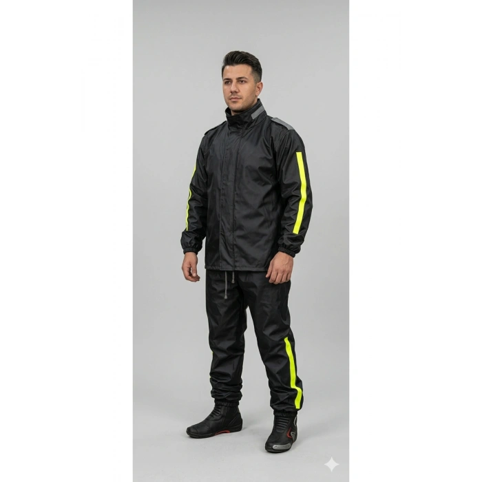 PVC Su Geçirmez Reflektif Yağmurluk Motorcu/Kurye Alt Üst Takım Siyah Outdoor İş Kıyafeti