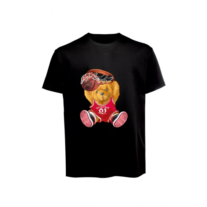 Unisex Basketbolcu Cool Ayıcık Baskılı Tişört Pamuk Penye Süprem Basic