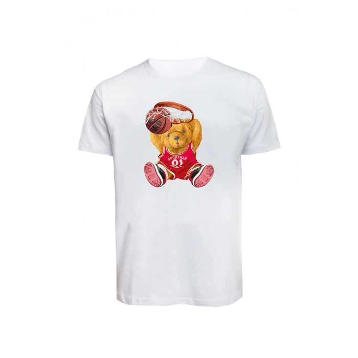 Unisex Basketbolcu Cool Ayıcık Baskılı Tişört Pamuk Penye Süprem Basic