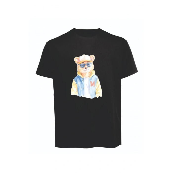 Unisex Kot Ceketli Cool Ayıcık Baskılı Tişört Pamuk Penye Süprem Basic