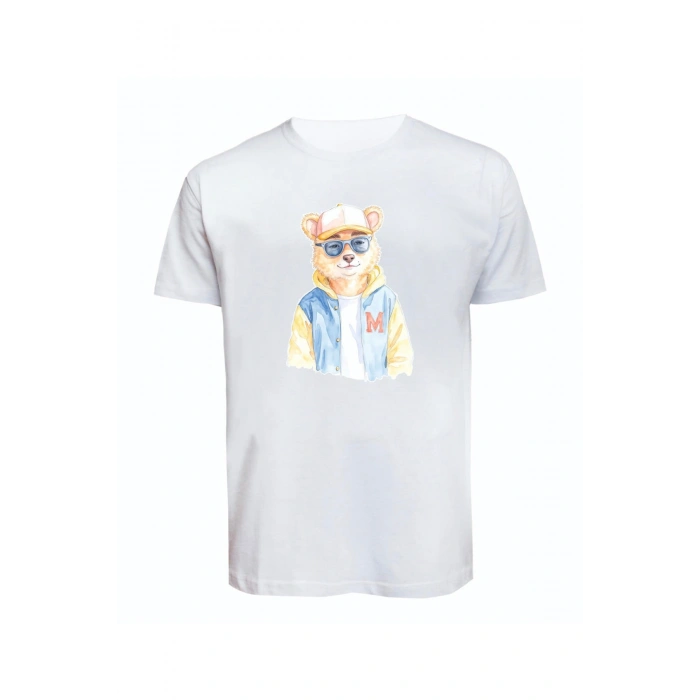 Unisex Kot Ceketli Cool Ayıcık Baskılı Tişört Pamuk Penye Süprem Basic