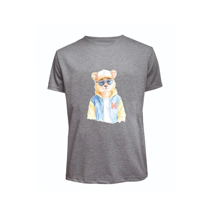 Unisex Kot Ceketli Cool Ayıcık Baskılı Tişört Pamuk Penye Süprem Basic