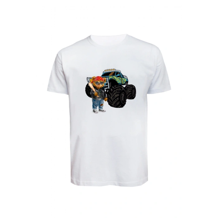 Unisex Canavar Araç (Monster Truck ) ve Ayı Baskılı Tişört Pamuk Penye Süprem Basic