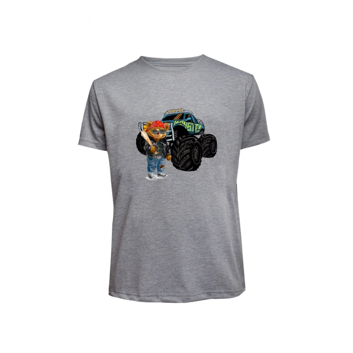 Unisex Canavar Araç (Monster Truck ) ve Ayı Baskılı Tişört Pamuk Penye Süprem Basic