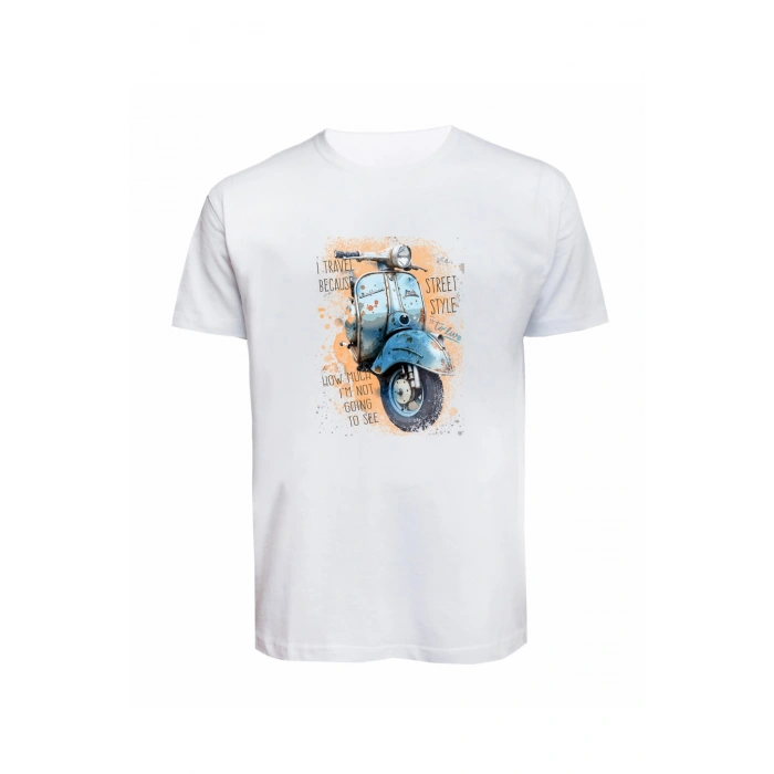 Unisex Mavi Vespa Baskılı Tişört Pamuk Penye Süprem Basic